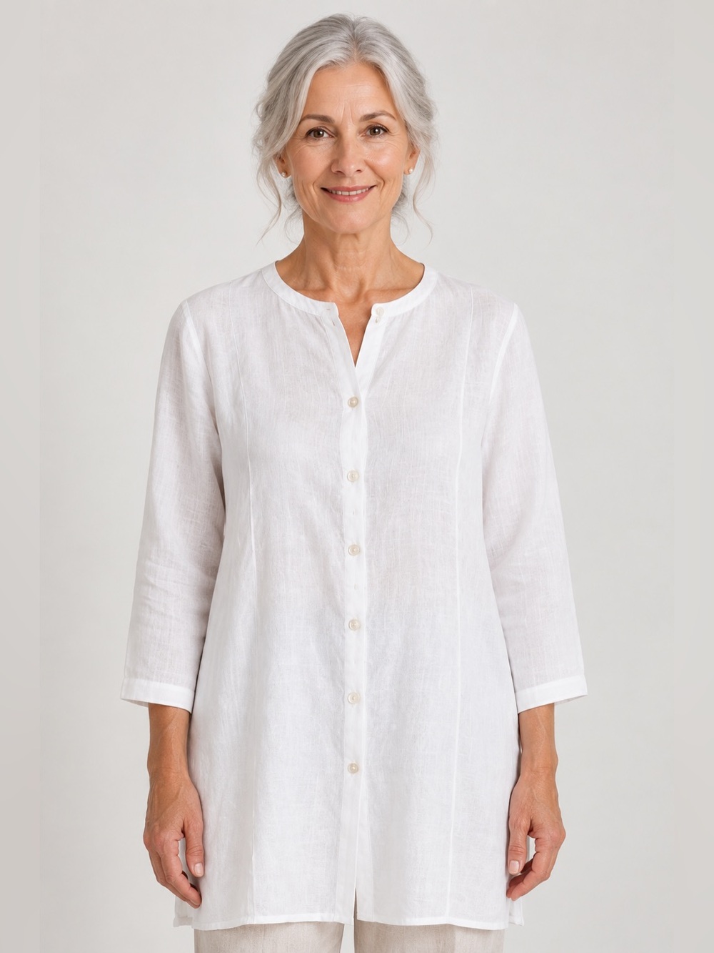Eileen Fisher White Irish Linen Button Front Long Line Tunic Top Size XL